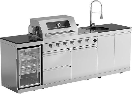 Outdoor Kitchen Island Barbecue Grill with Refrigerator & Rotisserie, Heavy-Duty Stainless Steel Freestanding Grills Station, Weather-Resistant Cooking Cabinet for Backyard & Summer Propane Gas