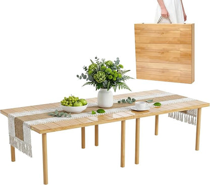 60"x30" Portable Boho Wooden Low Folding Picnic Table for Indoor Outdoor | Comes with Table Runner, Stable 8-leg Support & Thickened Structure, Thick Painted Tabletop Easy to Wipe, Fits 4-6 People