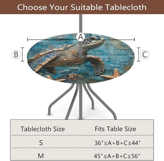 AUUXVA Round Outdoor Tablecloth with Umbrella Hole - Waterproof Patio Table Cover with Zipper Elastic Table Cloth Fits 45"-56" Tables for Party Cafe Garden Decor(Sea Turtle)