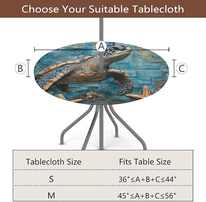 Round Outdoor Tablecloth with Umbrella Hole - Waterproof Patio Table Cover with Zipper Elastic Table Cloth Fits 36"-44" Tables for Party Cafe Garden Decor(Sea Turtle)