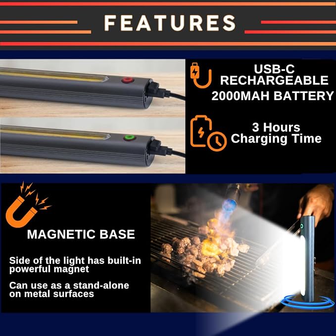 Barbecue BBQ Magnetic Grill Light, 360 Rotation, 2000MAH Rechargeable, Multi-Mount System for Outdoor Grill, Griddle, Cooking Use