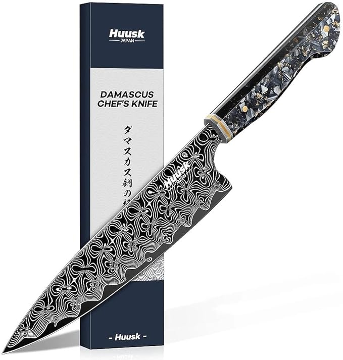 Huusk Damascus Chef Knife 8 Inch, Super Sharp Damascus VG-10 Japanese Kitchen Knife, Professional Cooking Knives with Ergonomic Resin Handle, Ideal Gift for Men and Women