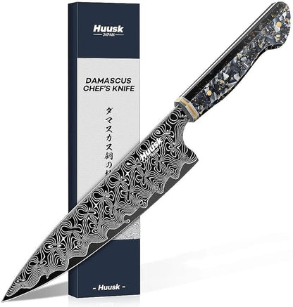 Huusk Damascus Chef Knife 8 Inch, Super Sharp Damascus VG-10 Japanese Kitchen Knife, Professional Cooking Knives with Ergonomic Resin Handle, Ideal Gift for Men and Women