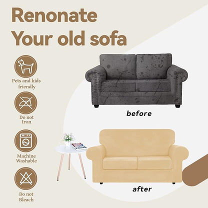 WEERRW Velvet Stretch 3 Pieces Couch Cover for Sofa Washable, Champagne | Love Seat Couch Covers for 2 Cushion Couch Sofa Furniture Protector slipcoves with Elastic Bottom for Kids, Medium