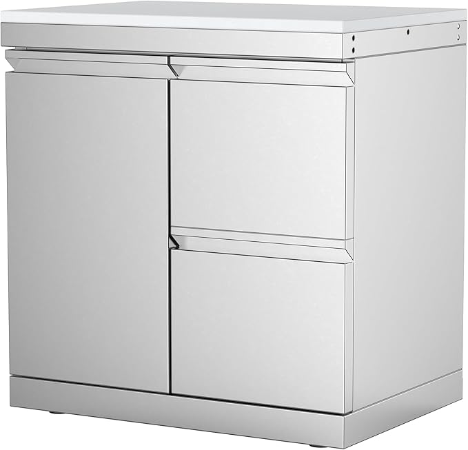 Outdoor Kitchen Combo Cabinet Left Door + Right Two Drawers, Stainless Steel Storage with White Quartz Countertop, for Grill Island, Patio BBQ Station