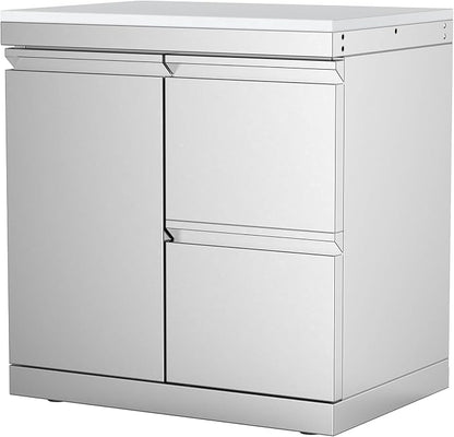 Outdoor Kitchen Combo Cabinet Left Door + Right Two Drawers, Stainless Steel Storage with White Quartz Countertop, for Grill Island, Patio BBQ Station