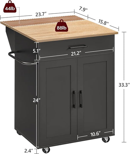 MAHANCRIS Kitchen Island on Wheels with Drop Leaf, Folding Countertop Kitchen Island Cart, Kitchen Islands Table with Towel Rack, Drawer, for Kitchen, Dining Room, Black and Natural KINB12501