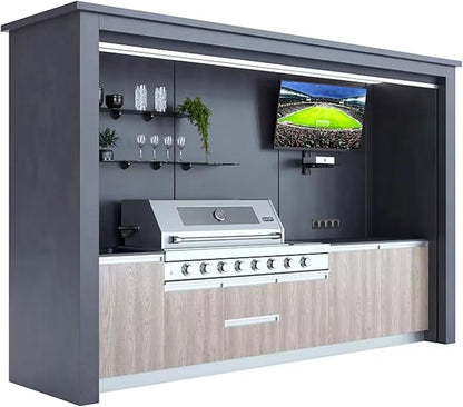 Outdoor Kitchen Pod for Patio Living Space | Modular Grill Island with Sink, Gas Burner, Fridge, Drawers & Pergola – Ideal for House Home Entertainment & Summer Party