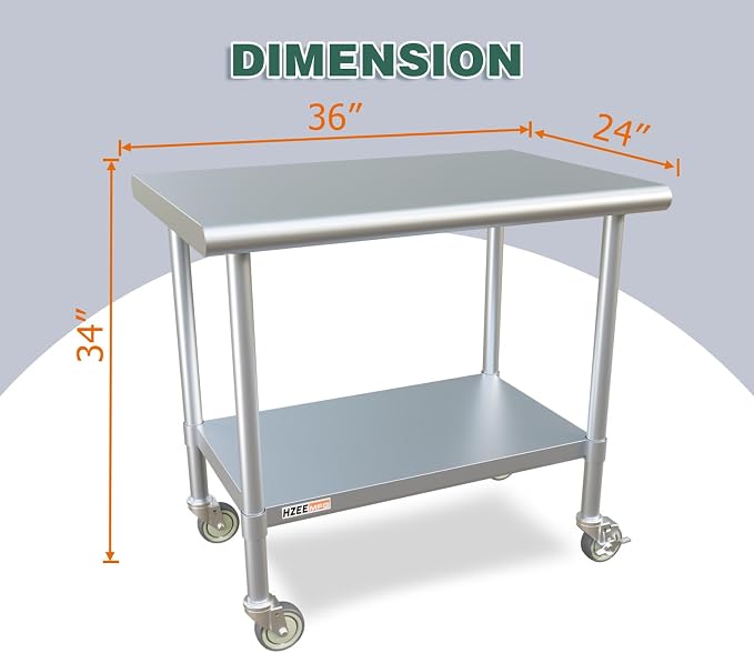Stainless Steel Table with Wheels 36x24 Inches 3ft for Prep & Work | Heavy Duty Metal Workbench with Casters for Commercial Kitchen Restaurant Laundry Garage Home Hotel Workshop Chef Homemaker