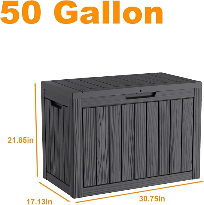 50 Gallon Resin Deck Box Outdoor Storage Box Waterproof for Patio Furniture,Outdoor Cushions,Garden Tools and Pool Supplies（Black）
