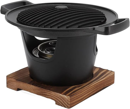 Charcoal Grill, Portable Charcoal Grill Japanese Hibachi Grill with Wooden Base, 8.46 X 6.89 X 5.31in Portable Grill Smokeless Cast Iron Hibachi Grill Grill for BBQ