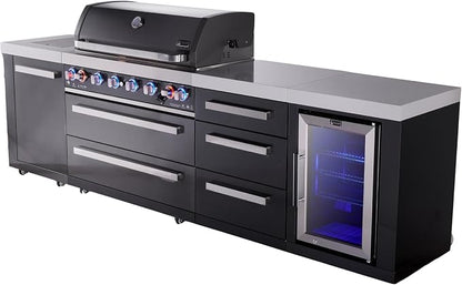 Mont Alpi 119"W x 23"D x 46"H Black Stainless Steel Outdoor Kitchen Island with Refrigerator + 44"W 6-Burner BBQ Gas Grill + Granite Countertops + Storage Cabinets + Drawers + Rotisserie Kit + Cover