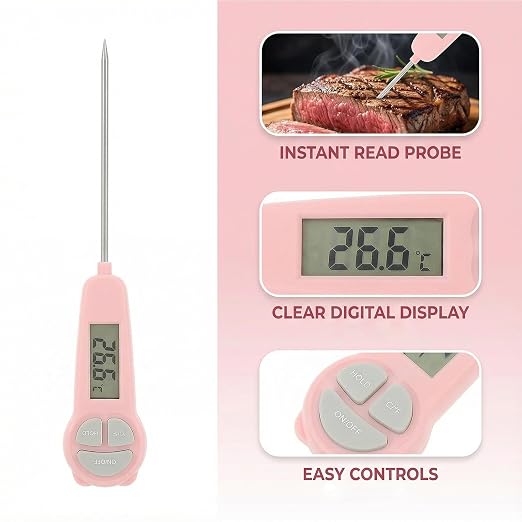 Digital Meat Thermometer Instant Read, Food Thermometer for Kitchen Oven Grill BBQ Smoker, Waterproof Probe for Cooking Grilling BBQ Baking Liquids Beef Turkey Chicken Steak Candy Temp Gauge (Pink)