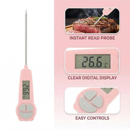 Digital Meat Thermometer Instant Read, Food Thermometer for Kitchen Oven Grill BBQ Smoker, Waterproof Probe for Cooking Grilling BBQ Baking Liquids Beef Turkey Chicken Steak Candy Temp Gauge (Pink)