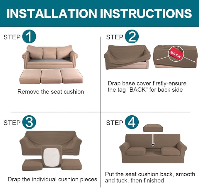Turquoize 4 Piece Sofa Covers for 3 Cushion Couch Sofa Slipcover Soft Couch Cover for Dogs-Washable Sofa Furniture Cover with 3 Individual Cushion Covers (3 Cushion Sofa, Macchiato)