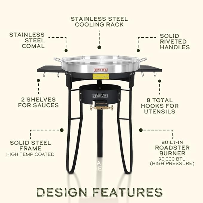 Concord The Herdsmen Stainless Steel Comal with Single Propane Cast Iron Roadster Burner Set. Great Outdoor Stove for Discada, Tacos, Street Vendor, Etc.… (Matte Black)