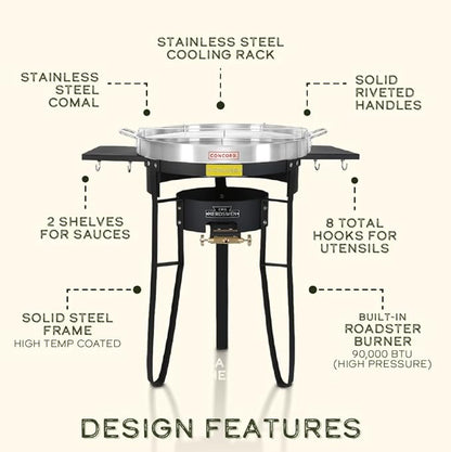 Concord The Herdsmen Stainless Steel Comal with Single Propane Cast Iron Roadster Burner Set. Great Outdoor Stove for Discada, Tacos, Street Vendor, Etc.… (Matte Black)