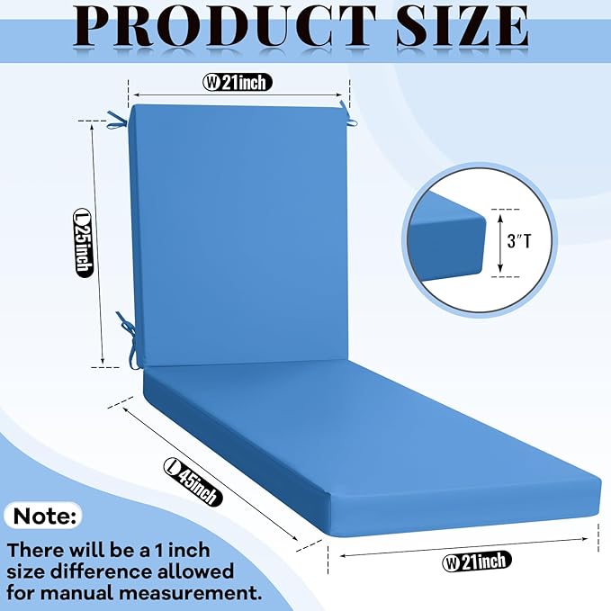 Patelai 2 Set Outdoor Chaise Lounge Cushions with Chair Covers, 70 x 21 x 3 Inch Waterproof Sun and Fade Resistant Thick Replacement Lounge Chair Cushions with Pockets for Patio Poolside (Blue)
