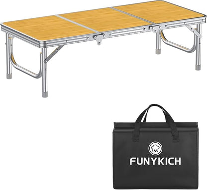 FUNYKICH 3ft Low Folding Camping Table with Carry Bag, 34.2'' Lx15.7'' W Portable Picnic Tables, Lightweight Thicker Aluminum Beach Table with Carry Handle for Beach, Camping, Picnic, Yellow