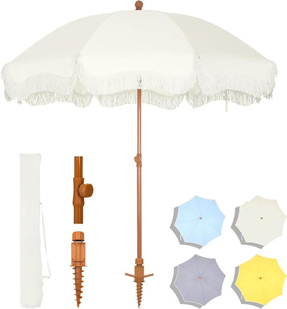 MFSTUDIO 7ft Patio Beach Umbrella with Fringe, Tassel Umbrellas UPF50+ with Sand Anchor & Tilt Button, Holiday Outdoor Umbrella with Carry Bag, Ideal for Garden Lawn Poolside, Ivory