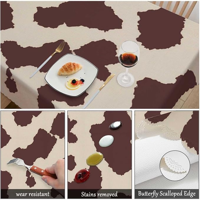 Swono Cow Or Horse Table Covers 52x70 Inch Animal Skin Cow Horse Print Pattern Wipeable Tablecloth Kitchen Dinning Tabletop Decoration, Brown Spots Cow Table Cloth for Outdoor and Indoor Use