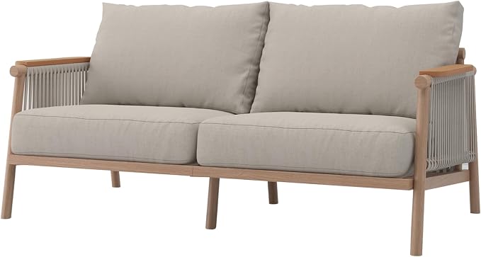 Acanva Modern All-Weather Aluminum Outdoor Patio Sofa with Thick Cushions, Olefin Fabric Sunroom Backyard Furniture, Loveseat Light Khaki