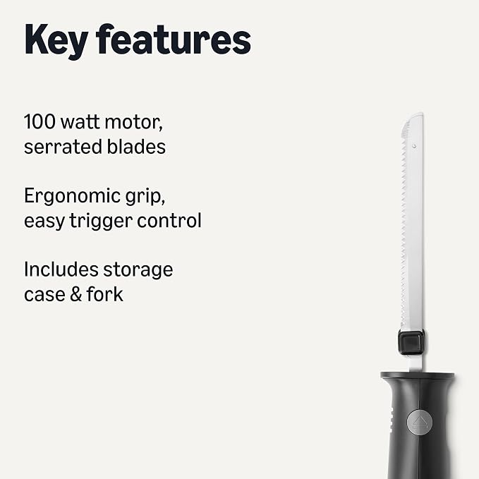 Amazon Basics Electric Knife Set for Meat Slicing and Bread, Ergonomic Design Handle with Storage Case, Black