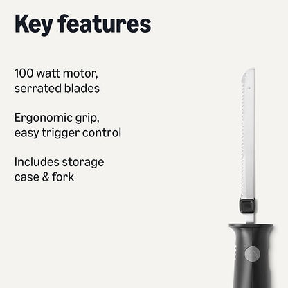Amazon Basics Electric Knife Set for Meat Slicing and Bread, Ergonomic Design Handle with Storage Case, Black