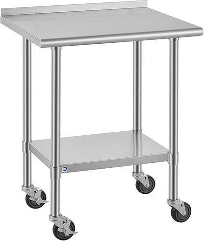 ROCKPOINT All Stainless Steel Prep Table with Caster & Backsplash 24x30 Inch，Commercial Heavy Duty Workbench with Stainless Legs & Adjustable Undershelf,710 lb Capacity for Outdoor Kitchens with Wheel