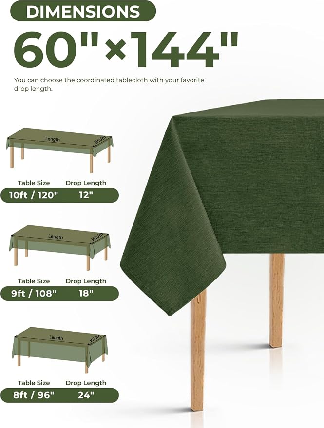 Decorelia Waterproof Table Cloth for 10ft Rectangle Table, Outdoor Spillproof Wrinkle Free Tablecloth for Banquet, Christmas, Thanksgiving,Easter (Oblong, 60 x 144 Inch (12-14 Seats), Dark Green)