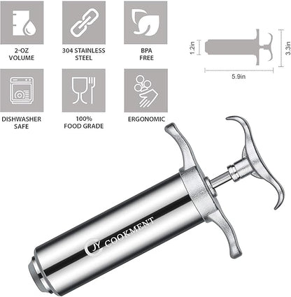 JY COOKMENT Meat Injector Syringe 2-oz Marinade Flavor Barrel 304 Stainless Steel with 3 Professional Needles 2 Cleaning Brushes and 4 Silicone O-Rings