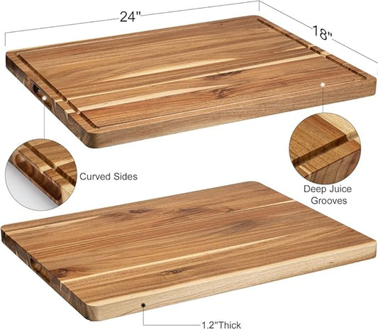 Extra Large Acacia Wood Cutting Board 24"x18" – Reversible Wooden Butcher Block for Kitchen with Deep Juice Groove, Side Handles – Chopping Board & Serving Tray for Meat, Vegetables, Cheese
