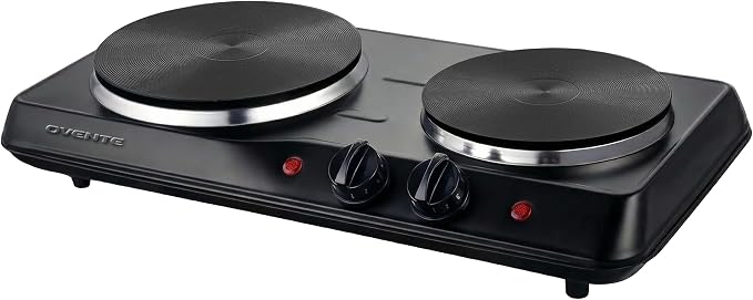 OVENTE Electric Cast Iron Double Burner, 1700W Hot Plate, Black BGS102B | 7.25" & 6.10" Portable Countertop Cooktop, Metal Housing, 5 Level Temperature Control, Indicator Light, Easy-to-Clean