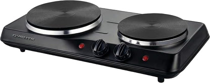 OVENTE Electric Cast Iron Double Burner, 1700W Hot Plate, Black BGS102B | 7.25" & 6.10" Portable Countertop Cooktop, Metal Housing, 5 Level Temperature Control, Indicator Light, Easy-to-Clean