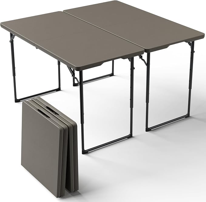 2 Pack Folding Table, 4FT Foldable Picnic Table with Adjustable Height, Heavy Duty Fold-in-Half Portable Table for Weddings, Camping, RV Travel, Parties, BBQs, Easy to Fold and Store, Khaki