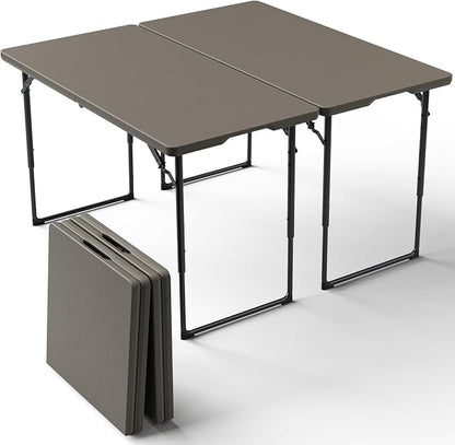 2 Pack Folding Table, 4FT Foldable Picnic Table with Adjustable Height, Heavy Duty Fold-in-Half Portable Table for Weddings, Camping, RV Travel, Parties, BBQs, Easy to Fold and Store, Khaki
