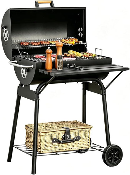 Portable Charcoal Grill with Foldable Side Shelf & Bottom Shelf, BBQ Smoker with Wheels and Adjustable Lid Vents for Picnic, Camping, Backyard Cooking (32.25" x 30" x 40.5")