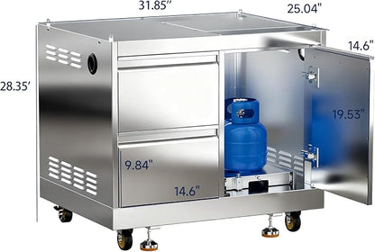 BODEGA Stainless Steel Outdoor Kitchen Drawer Cabinet for Built-in BBQ Grill with 2 Drawers and Propane Tank Storage,Outdoor kitchen storage perfect for Outdoor Kitchen BBQ Island.For all weather use.