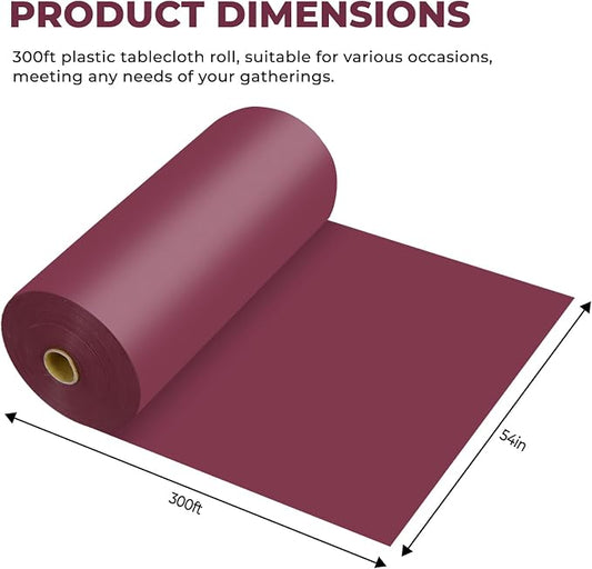 54 Inch X 300 Feet Plastic Table Cover Roll Premium Disposable Plastic Tablecloth for All Type/Shape Tables | Picnic, Party, Banquet, Birthdays, Weddings (Burgundy, 54 Inch X 300 Feet)
