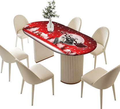 Merry Christmas Fitted Tablecloths Oval - Happy New Year Winter Moon Santa Deer Wrinkle Resistant Cloth, Fits 42x60 In, Elastic Edged Cover for Xmas Outdoor Party and Dinner Use