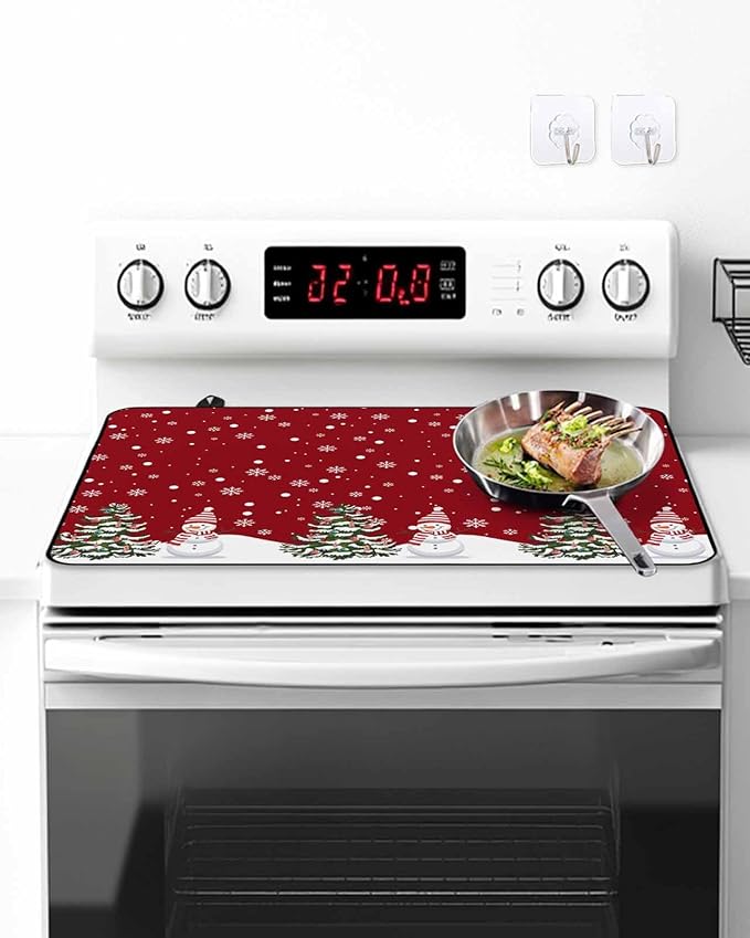 Stove Top Covers for Electric Stove 36x21 Inches, Red Christmas Snowman HeatResistant Glass Cooktop Protector, Winter Xmas Snowflake Ceramic Stovetop Countertop Covers Christmas Tree Mat, Oven Cover