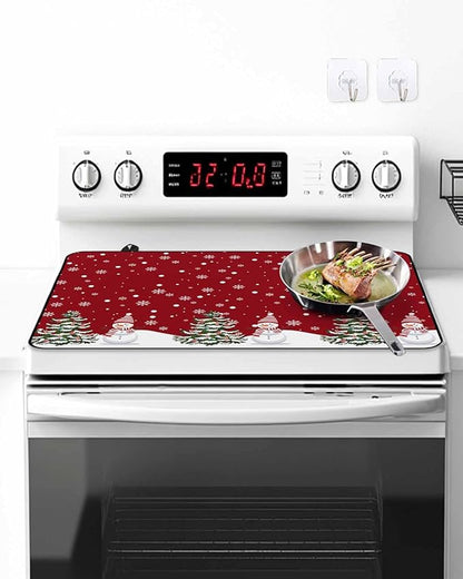 Stove Top Covers for Electric Stove 24x21 Inches, Red Christmas Snowman HeatResistant Glass Cooktop Protector, Winter Xmas Snowflake Ceramic Stovetop Countertop Covers Christmas Tree Mat, Oven Cover