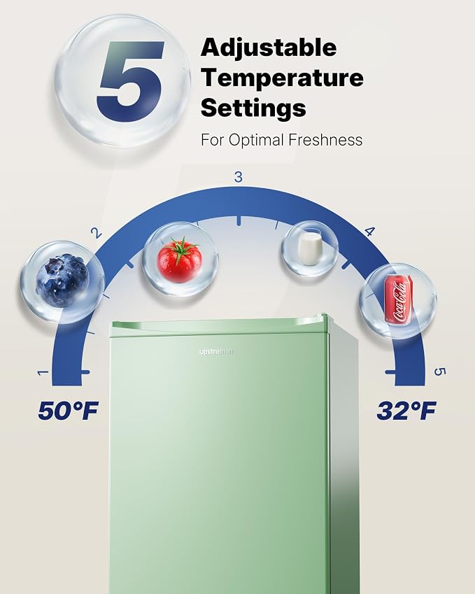 Upstreman 3.2 Cu.Ft Mini Fridge with Freezer, Green-BR321 | Adjustable Thermostat, Energy Saving, Low Noise, Reversible Door, Small Refrigerator for Dorm, Bedroom, Office