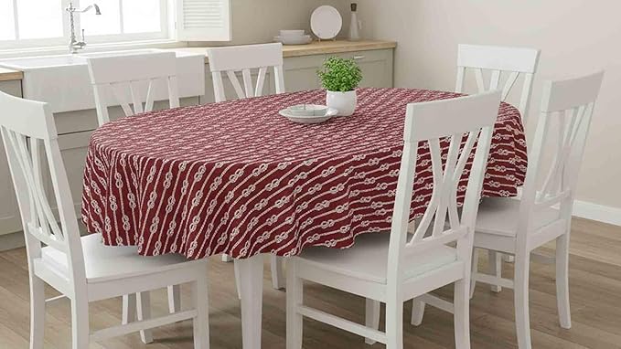 Newbridge Oval Vinyl Tablecloth with Flannel Backing, Red Nautical Rope Stripe, 60 x 84 Inch, Coastal Striped Indoor Outdoor Wipe Clean Picnic, BBQ and Dining Table Cover