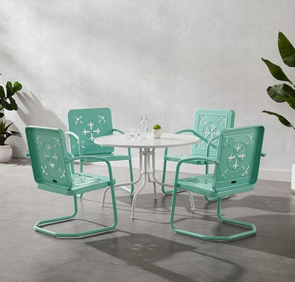 Crosley Furniture Azalea 5-Piece Vintage Outdoor Dining Set for 4, Retro Metal Round Patio Table and Chairs, Aqua Gloss/White Satin