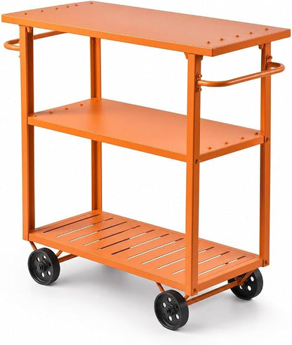 Orange 3-Tier Metal Rolling Beverage Bar Cart | Waterproof Rustproof Serving Cart with Handle | 39.37 x 15.74 x 41 in | Indoor Use Outdoor Party Utility Storage Cart