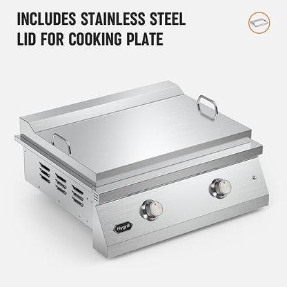 Hygrill 30-Inch Premium Built-In Liquid Propane Griddle for Outdoor Kitchen, Durable Stainless Steel 2-Burner Flat Top Grill with Lid and LED lights, 36000 BTUs