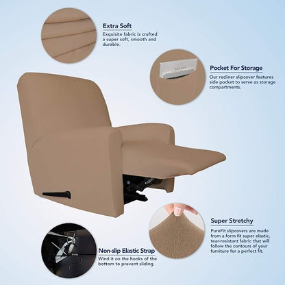 PureFit Stretc Recliner Chair Covers Fleece Soft Couch Covers for Sofa | Camel 4-Pieces Recliner Slipcover Pocket Couch Protector, Fleece Sofa Cover Washable with Non Slip Elastic Bottom