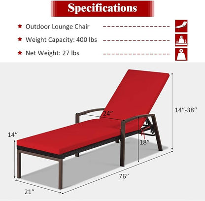 Tangkula Patio Rattan Lounge Chair, Outdoor Reclining Chaise with Cushion and Armrest, Wicker Sun Lounger with Adjustable Backrest for Garden, Balcony, Poolside (1, Red)