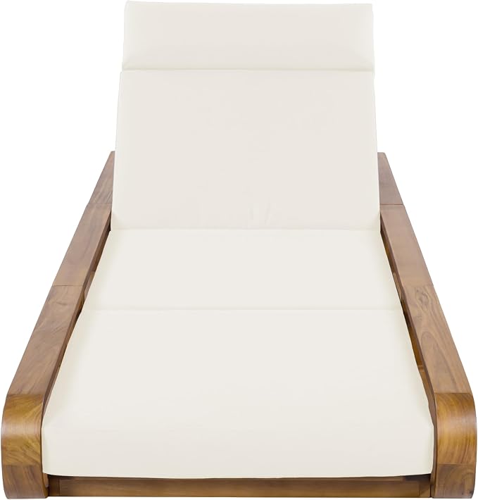 Merax 2 Piece Teak Finish Acacia Wood Chaise Lounge - 2 Pcs Frame + 2 Pcs 4" 4-Fold Beige Water-Resistant Cushion, 400lbs Capacity, Adjustable Outdoor Recliner for Patio Poolside Backyard